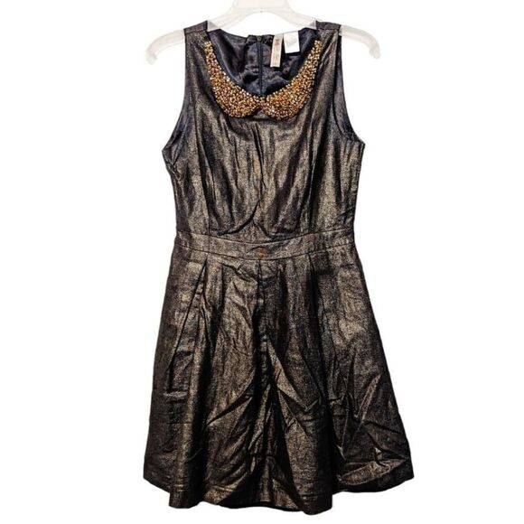Alice Moon Womens Sleeveless Bead Embellished Metallic Skater Dress Bronze Med - Picture 1 of 14